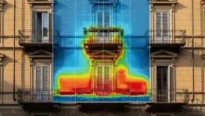 Edificio residenziale storico a Torino con sovrapposizione digitale di termografia che mostra l'efficienza energetica della facciata.