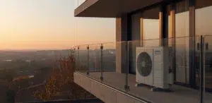 Integrazione architettonica di una pompa di calore professionale in un edificio moderno a Torino, esempio di efficienza energetica 2026.