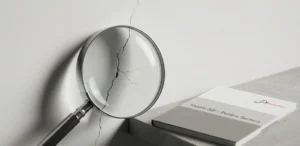 Una lente d'ingrandimento professionale puntata su una crepa strutturale in una parete bianca, accanto a un dossier tecnico dello Studio 3Dr.