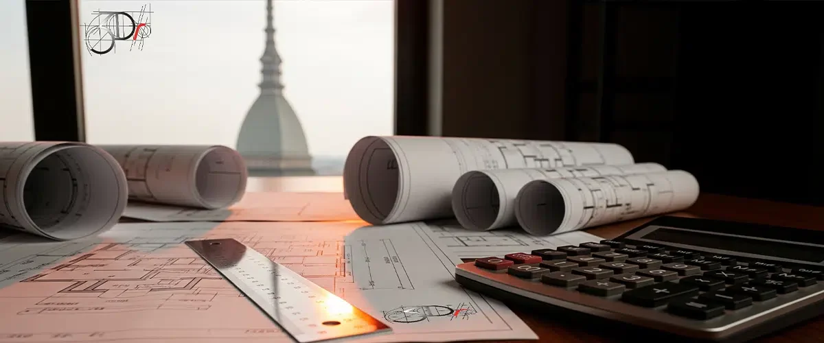 Scrivania di un tecnico Studio 3Dr a Torino con planimetrie srotolate per pratica di sanatoria edilizia e vista sulla Mole.