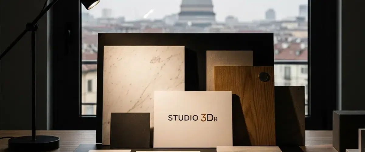 Moodboard professionale di brand identity con il logo Studio 3Dr, campioni di materiali e progetti architettonici a Torino.