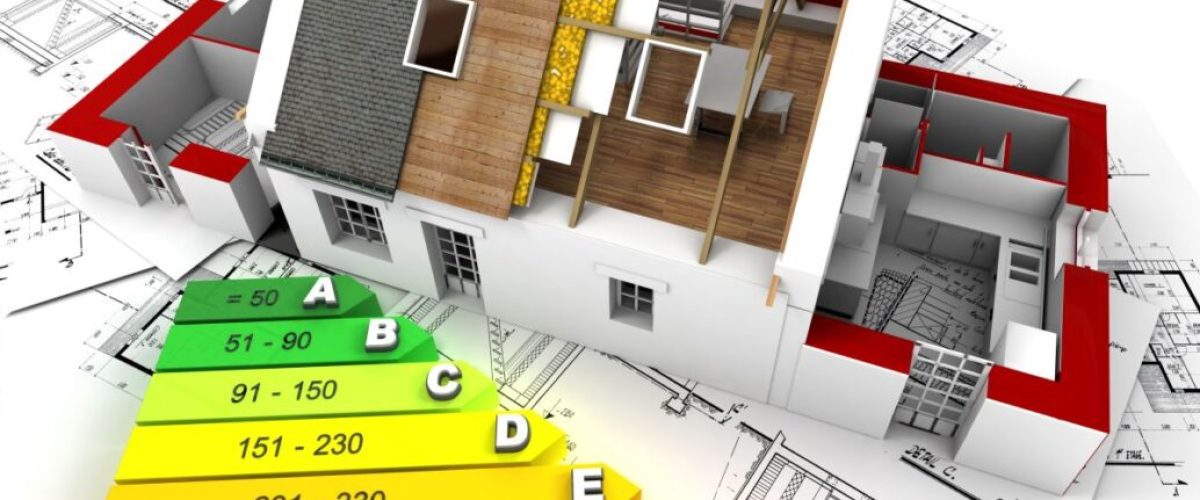 3D rendering of a house in construction, on top of blueprints, with an energy efficiency rating chart